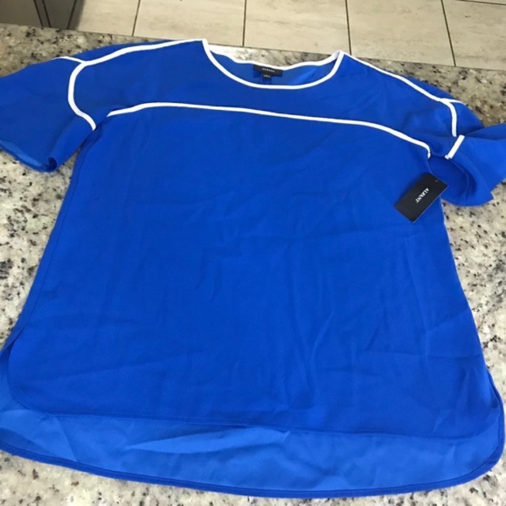 Alfani Royal Blue Textured Blouse Piped Flutter size Large new with tags#4 - Picture 6 of 8